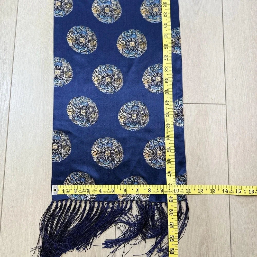 Vintage Blue Dragon‎ Silk Scarf Medallion Print Tassel Fringe Rectangular 49x11